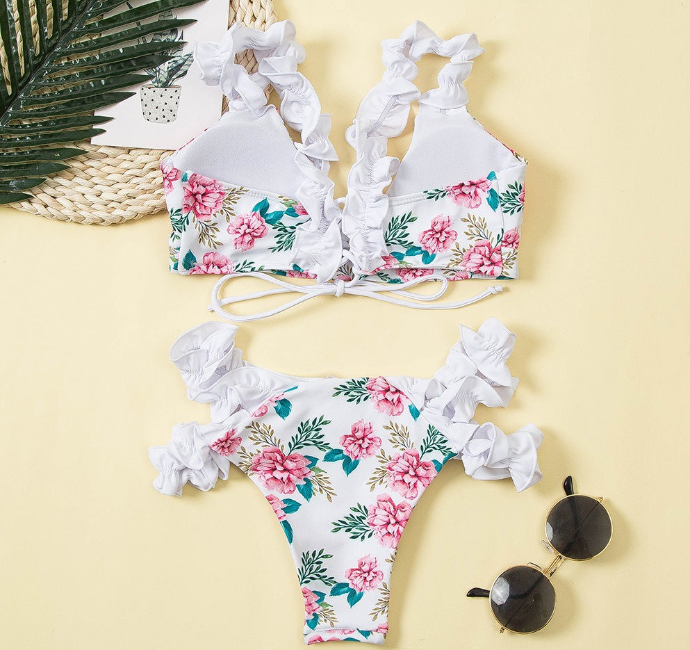 Rose Print Ruffled Straps Triangle Bikini Sets