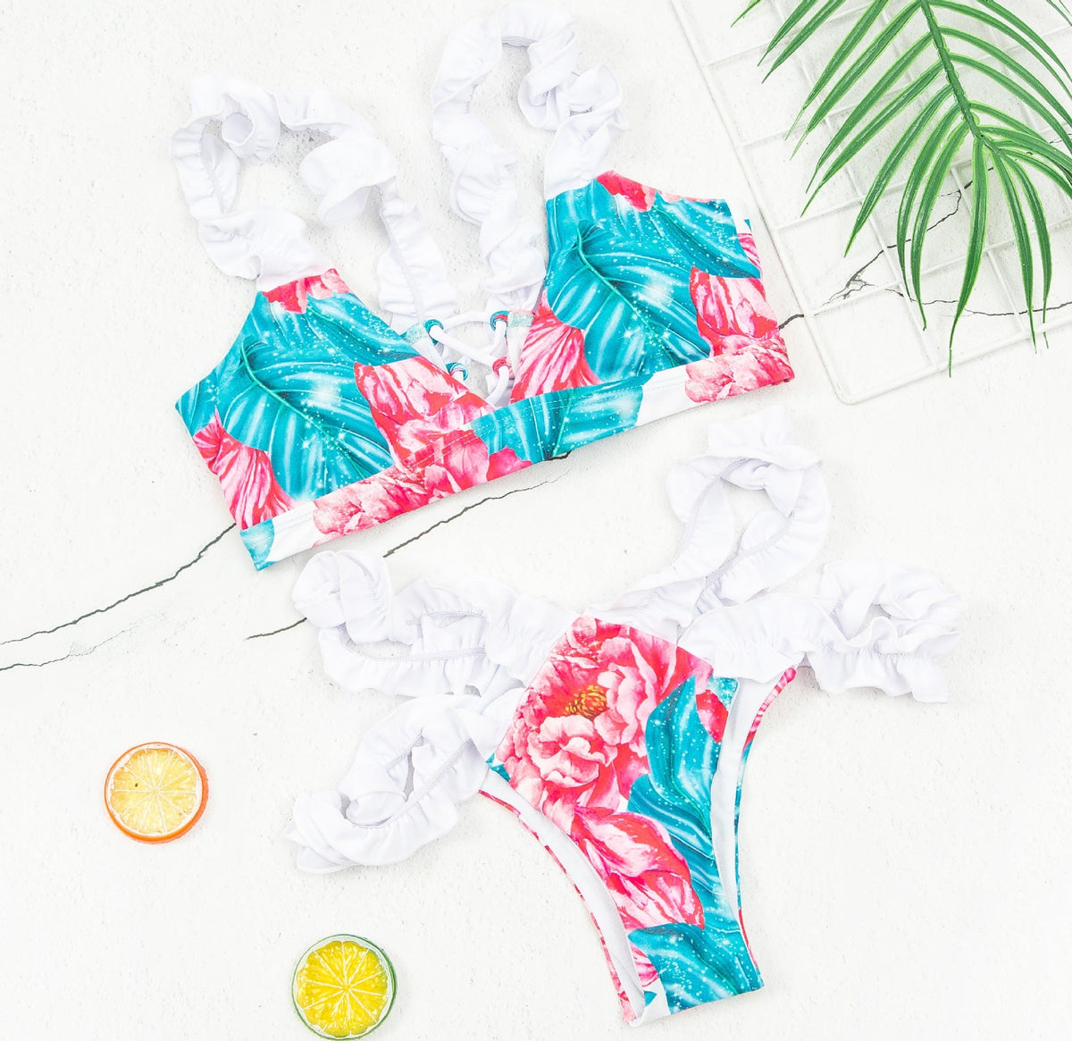 Foliage Floral Ruffled Straps Triangle Bikini Sets